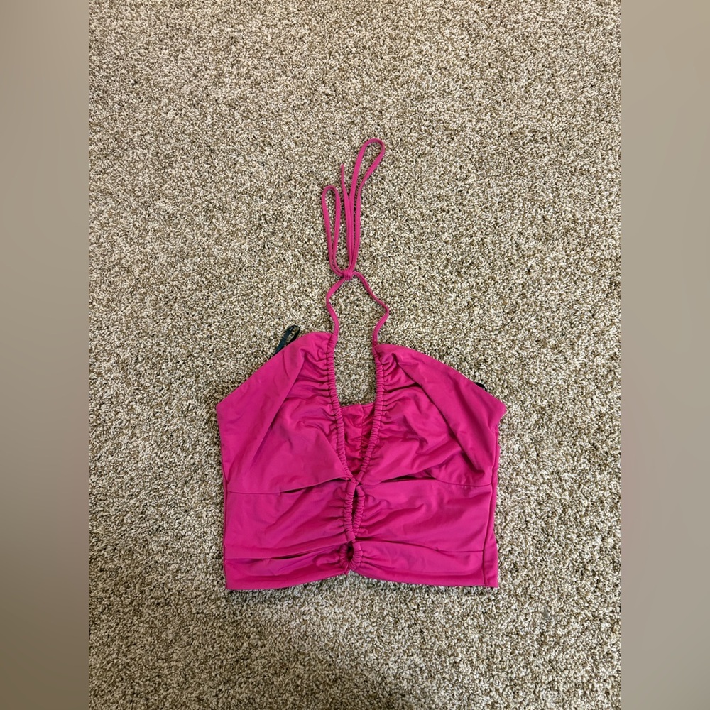 Forever 21 Pink Halter Bikini Swim Top Ruched Tie Neck Size Large
